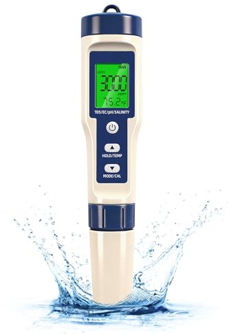 Pool Salt Tester & PH Meter - 5-in-1 Digital TDS Meter for Salinity PH Temp and EC, 0.01 High Accuracy, Swimming Pool, Hydroponics, Aquarium, Hot Tub, PPM Meter for Pool, Drinking Water, Wine, Food