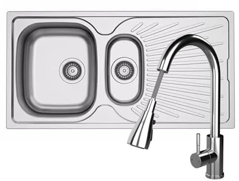 Liquida JAV15SS 1.5 Bowl Reversible Stainless Steel Kitchen Sink & KPO11CH Tap
