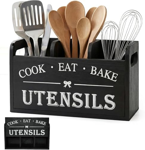 Rkixlix Porte-ustensiles de Cuisine avec 3 Compartiments, en Bois | Rangement pour Ustensiles Extra Large, Support d'Ustensiles pour Couverts, Pots à Ustensile