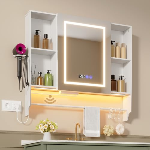 Ztexkee Spiegelschrank Bad mit Beleuchtung und Antibeschlag,Hängender Badezimmer Spiegelschrank mit Uhr und Temperaturanzeige,Steckdose,Handtuchhalter,Haartrocknerständer und 7 Staufächer,90x80x16cm