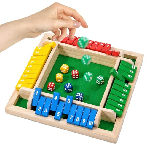Shut the Box Würfelspiel aus Holz für 2-4 Spieler, Klassisches Klappbrett Spiel mit 6 Würfel, Pädagogisches Lernspiel Mathe für Kinder und Erwachsene, Buntes Gesellschaftsspiel für Familie Kneipe