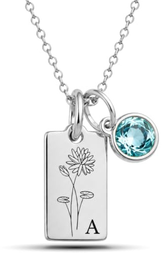 BS Schmuckdesign Personalisierte Kette Damen mit Gravur – Namenskette | Monatsblume & Initiale, Geburtsstein Anhänger, versteckte Botschaft, Geschenk