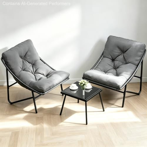 Balkonmöbel Set 3 Teilig, Gartenmöbel Set, Terrassenmöbel mit 2 Stühlen, Tisch & Sitzkissen,Balkon Set 2 Personen,Beistelltisch gehärtetes Glas, kleine balkonmöbel für Hof Garten Terrasse (Grau)