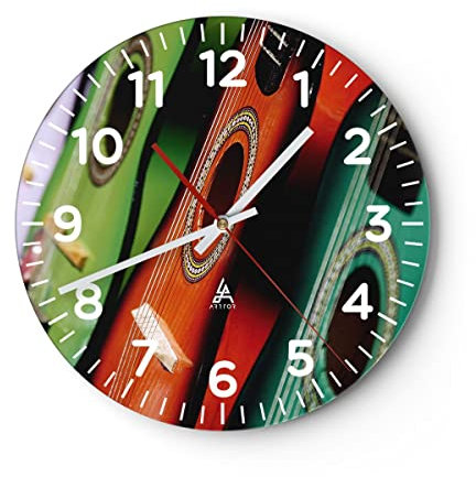 Modern Wanduhr Gitarre Musik Instrument 30x30cm Rund Klein Wand Uhr Glas Analog Zimmeruhren Küche Büro Wohnzimmer Glasuhr Wall Clock Dekoration Design Wanddekoration Küchenuhr C4AR30x30-2113