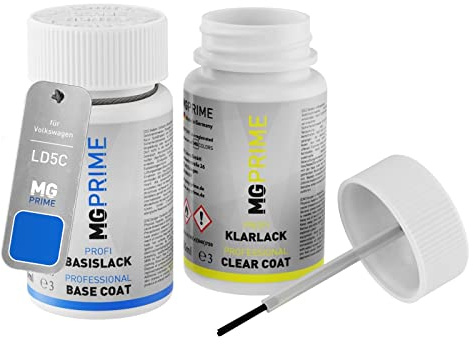 MG PRIME Lackstift für Volkswagen VW LD5C / D5C / D7 Cornflower Blue +1K | Mayan Blue, Autolack, Set aus Basislack + Klarlack, Lackfläschchen mit Pinsel, je 50ml