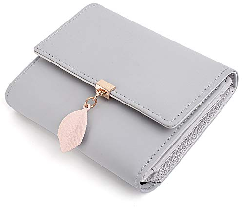 UTO Geldbörse Damen Klein mit Blatt Anhänger RFID Kleines Portemonnaie Kunstleder Druckknopf Bi-Fold Brieftasche Mini Geldbeutel Viele Fächern Feiner Portmonee Münzfach Weihnachten Neujahr K-Abricot