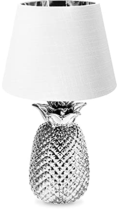 Navaris Tischlampe im Ananas Design - 40cm hoch - Deko Keramik Lampe für Nachttisch oder Beistelltisch - Dekolampe mit E27 Gewinde in Silber-Weiß