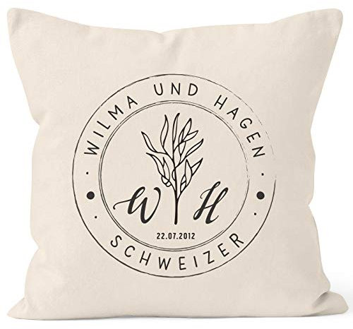 SpecialMe® personalisierbare Kissen-Hülle zur Hochzeit mit Namen und Datum Stempel-Design Initialen Hochzeitsgeschenk Natur Unisize