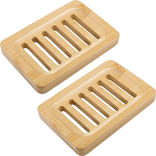 Anwenk Bamboo Wooden Soap Dish, Bar Soap Holder Soap Tray for Shower Bathroom Kitchen Sink Drainer - 2 Pack (Natural Color)