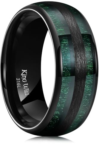 King Will Nature 8mm Herren-Ehering mit grüner Holzeinlage, schwarzer Wolframcarbid, gewölbt, Größe