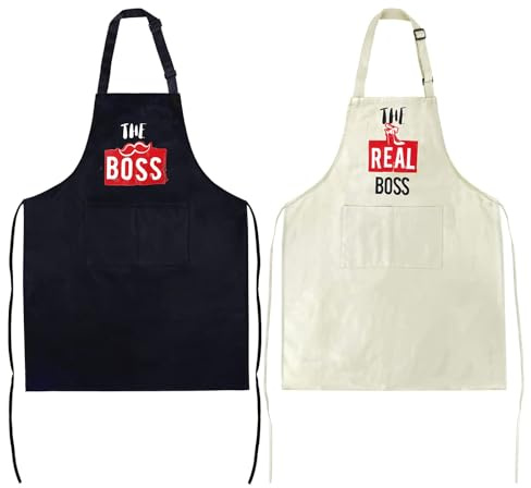 BETESSIN 2er Set lustige Kochschürzen für Paare – „The Boss“ & „The Real Boss“ – wasserdichte Schürzen mit Taschen – Geschenk für Paare, Hochzeit, Weihnachten, Valentinstag