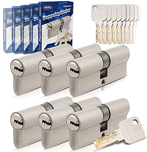 GERCAR Lot de 6 cylindres de serrure à fermeture identique 30/30 - 6 cylindres profilés avec 30 clés - Serrure de porte de 60 mm - Longueur : 60 mm - A : 30 B : 30 - Laiton massif mat, MLBL-60P6