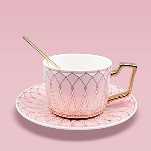 Tasses à thé et à café – 209,8 g en porcelaine anglaise – Belle tasse à thé émaillée mate avec soucoupe et cuillère – Rose