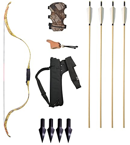 Traditionelles Bogenset Daumenschuss Linke und rechte Hand Recurvebogen mit Holzpfeil Bogen und Pfeil Set mit Zubehör Geeignet für das Reiten von Erwachsenen (20lbs, Schlangenfarbe Set)