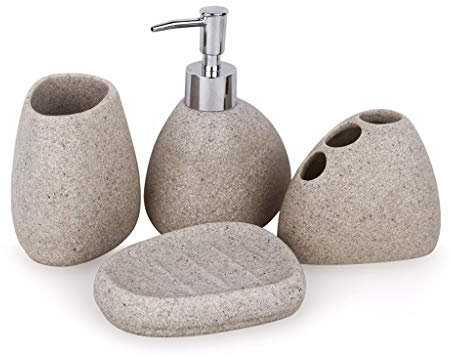 Flüssigseifen Spender Natürliche Kies und Harz Badezimmer Zubehör-4-teiliges Set, Zahnbürstenhalter Zahnbürste Cup Seifenspender Seifenschale Set Badezimmer-Dekoration-Geschenk Seifenspender Wandmonta