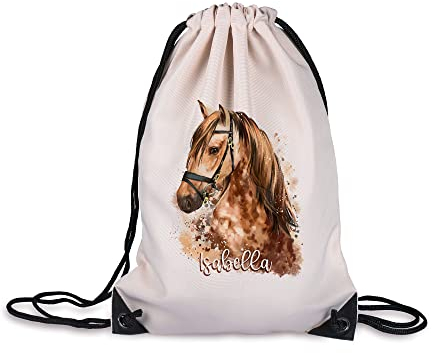 GRAZDesign Turnbeutel Kinder personalisiert mit Namen, Pferd Beutel - Sportbeutel für Mädchen, in beige Motiv Pferdekopf braun, Kinder Tasche für Sport, 100% Polyester, Farbe Natur