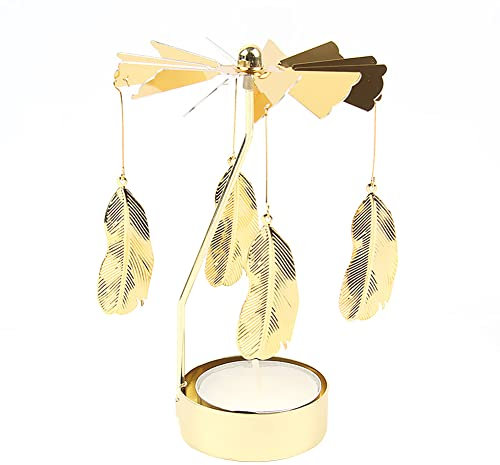 URFEDA Feder Teelicht Karussell Glas Teelichthalter Gold Teelichtglas Rotierender Kerzenhalter Eisen Metall Kerzenständer für Valentinstag Deko Geschenk Hochzeit Dekoration Wohnzimmer Tischdeko
