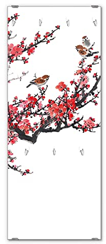 banjado® Wandgarderobe aus Echtglas/Design Garderobe 50 x 125 cm groß/Flurgarderobe mit 7 Haken/Beschreibbares Garderobenpaneel Motiv Japanische Blüten 1