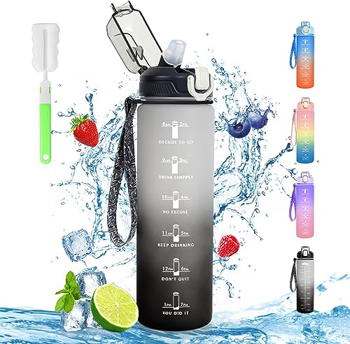 CS COSDDI Gourde Sport 1 litre, Bouteille d'eau anti-fuite sans BPA, Gourde d'eau de sport 1000ml avec paille et marquage de temps, Bouteille d'eau de sport pour vélo, camping, yoga, gym (NoirGris)