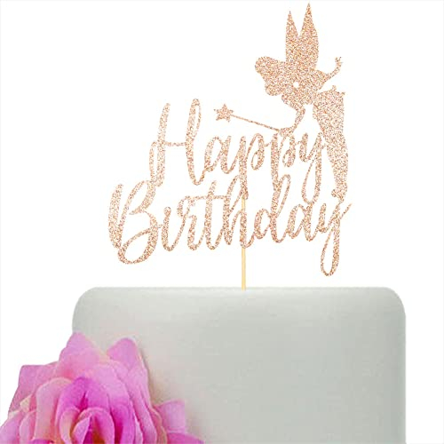 Tinker Bell Happy Birthday Cake Topper, Fairy Tinkerbell Princess Girls Birthday Party Cake Decorations, Rose Gold Glitter
