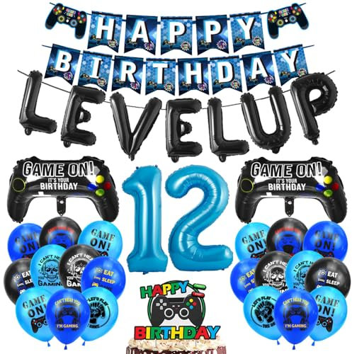 12. Geburtstag Ballon Set Gamer Geburtstags Deko Videospiel Luftballons Zahl 12 Folienballon Happy Birthday Banner 12 Jahre Jungen Spiel Ballons Tortendeko für Kinder Game Thema Party Dekoration