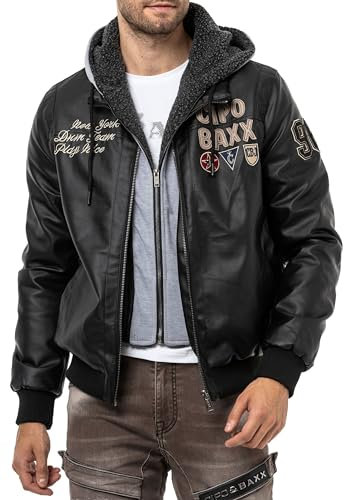 Cipo & Baxx Herren Jacke Kunstleder Sweatkapuze Reißverschluss 2 in 1 Optik mit Plüschfutter Übergangsjacke CM215 Schwarz M