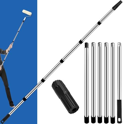Paint Roller Extension Pole 2.4m, 6 Segmented Lightweight Stainless Steel Telescopic Pole, Extension Pole with Tapered Adapter, Extendable Roller Pole for Painting and Cleaning Tools