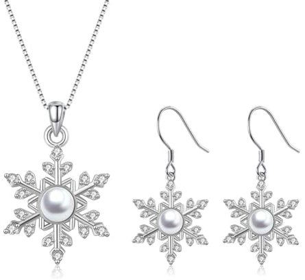 Deyanse Weihnachten Schmuck Set für Damen, 925 Sterling Silber Schneeflocke Schmuckset mit Weiß Perle Zirkonia, Schnee Halskette & Haken Ohrringe, Hypoallergen 45+5cm Anhänger Silberkette Ohrringe