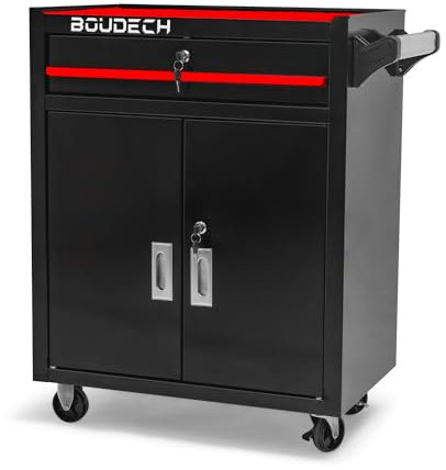 BOUDECH Buddy - Carrello da officina a due ante con cassetto e serratura, armadietto da garage con ruote autobloccanti, superficie di lavoro con tappetino antiscivolo