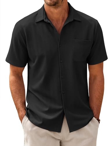 COOFANDY Herren Hemd Kurzarm Business Hemden mit Tasche Freizeihemd Casual Sommerhemd Fischgrätmuster Regular Fit Shirt Schwarz S