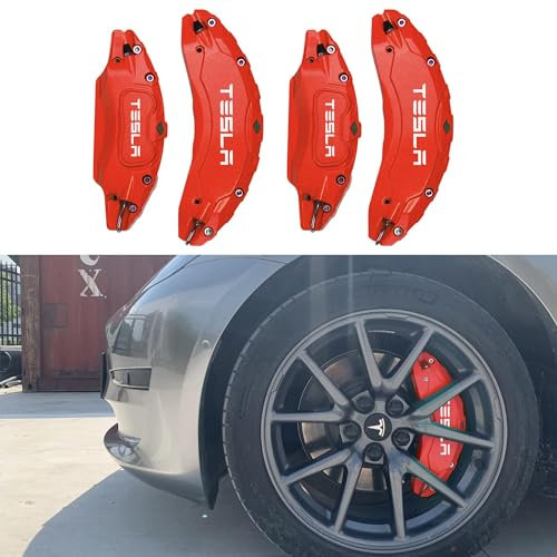 4 Pcs Car Brake Caliper Cover, for Tesla Model 3 Y 2017-2023, Aluminium Alloy Caliper Protector Cover, Car Disc Front Rear Kits for Wheel Hub, 18 Inch 19 Inch,Red-3