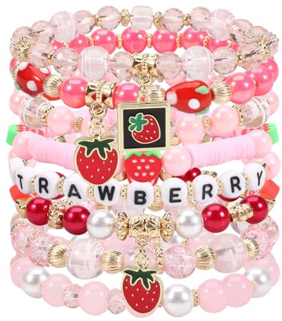 8 Stück süße Obst-Erdbeer-Armbänder für Frauen und Mädchen, rosa Rose und Rot, Stretch-Perlenarmband, mittelgroß, kein Edelstein, Medium, Edelstein, Ohne Edelstein