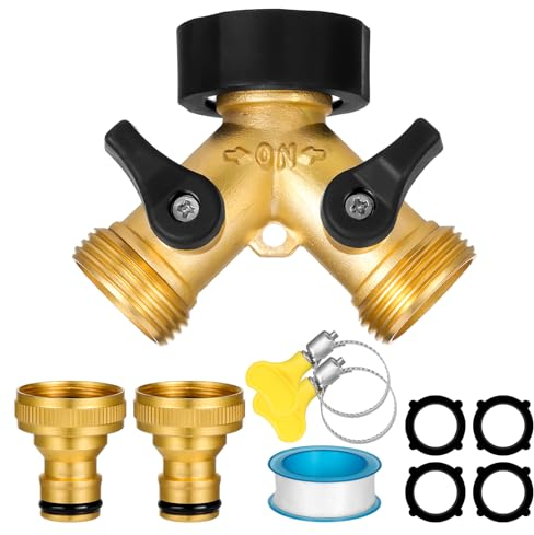 2 Wege Verteiler Wasser,3/4 Zoll Wasseranschluss Verteiler Y-Verteiler aus Messing mit separaten Absperrhähnen Und 2 Griffschlauchklemme für Garten Rasen Wasserhähne
