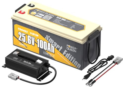 Power Queen 25.6V 100Ah Bluetooth Deep Cycle Lithium Iron Phosphate Batterie mit 29.2V 40Amp Dedicate LiFePO4 Battery Charger Pack, Ideales für Camping Wohnmobil Autonomes System Off Grid System