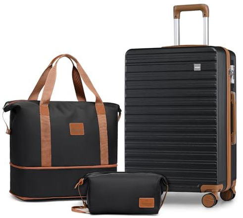 Joyway Mittlerer Hartschalen-Koffer Set mit 4 Rollen leichtes Reisekoffer Set mit TSA-Schloss aus ABS-Hartschale Der Koffer Enthält 1 Tragetasche und 1 Kulturbeutel Schwarz