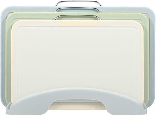 MENIBBLER Cutting Board Set with Stand, 3 Sizes Kitchen Cutting Board Set with Double Sided Measuring Scale, Non Slip Chopping Board Set, Cutting Board with Handle for Home Kitchen