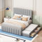 Kinderbett Polsterbett 140x200 Bettgestell Ausziehbett, Doppelbett mit Ausziehbarem Bett & 3 Stauraum Schubladen, Tagesbett Schlafsofa mit Lattenrost,Verstellbares Kopfteil,Leinen,Grau,Ohne Matratze