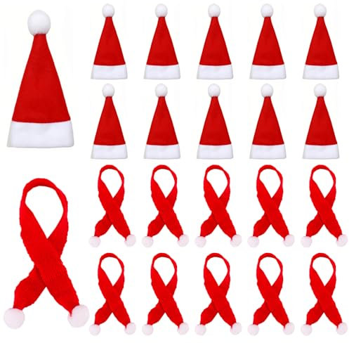 20 Stück Weihnachtsmützen für Flaschen,Mini Weihnachtsmützen Und Schal Set, Finger Kleine Nikolausmützen für Weihnachten Weinflasche Abdeckung, Puppenhaus, Weihnachtsfeiern