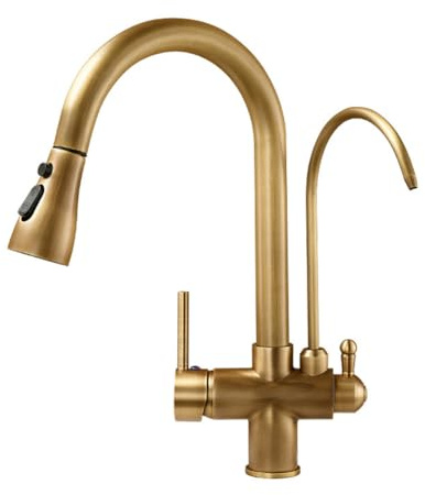 Trinkwasser 3-Wege-Filter Wasserhahn Küche - Küchenarmatur Mit Brause Ausziehbar, Retro Messing 2 Hebel Spültischarmatur Mischbatterie Für Osmoseanlage, 3 In 1 Armatur Küche Für Wasserfilter, Bronze