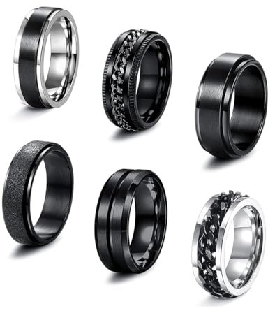 KALVICA 6 Stück Edelstahl Ringe Herren Fidget Anxiety Spinner Ring Anti Stress Ring Set für Herren Ring Silber Schwarz Verlobungsring Ehering 62
