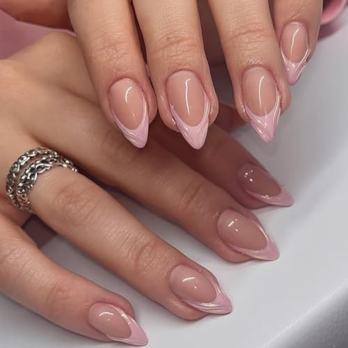 Pink French Tip Short Almond Press on Nails With 3D Sculpting Design - Nude Glossy Artificial Acrylic Full Cover for Women Manicure - 24 Pcs