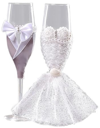 UIYIHIF 2PCS Wedding Champagne Flutes with Suit and Wedding Dress Decor, Elegant Champagne Toasting Flute Set for Bride and Groom, Clear Wine Goblet Glasses for Couple, Engagement (A)