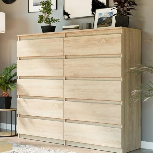 Home Collective Kommode mit 10 Schubladen Holz Schrank Kommode mit Schubladen Sideboard Highboard Anrichte Schlafzimmer Wohnzimmer Flur Büro Organizer | 158x40x120 cm Sonoma