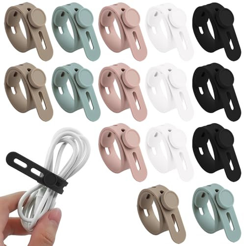 15 PCS Fascette Cavi in Silicone, Fascette Riutilizzabili, Fascette Regolabili Lavabili con Fibbia di Bloccaggio per Organizzazione Cavi in Casa e Viaggio(Bianco/Nero/Rosa/Blu/Grigio)