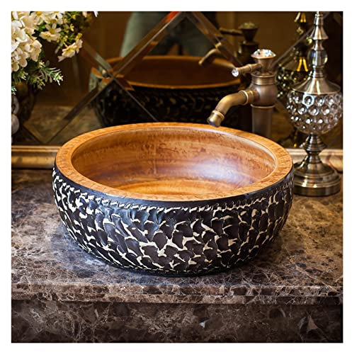 Fregadero de porcelana vintage, redondo sobre el mostrador, lavabo artístico con grifo y drenaje desplegable para baño