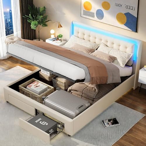 Générique Lit 140x190, TêTe de lit Rembourré avec LED lumièRe, 2 Tiroirs, Rangement avec SystèMe Hydraulique, pour Adultes et Adolescents, Blanc Velours, sans Matelas