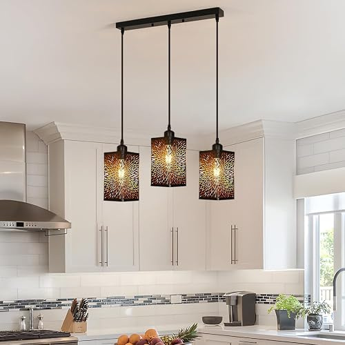 Goeco 3 Flammig Pendelleuchte Vintage Industrial, Hängelampe aus Eisen Feuerwerk Lampenschirm, Schwarz Hängeleuchte Metall E27 für Esszimmer Küche Wohnzimmer Arbeitszimmer