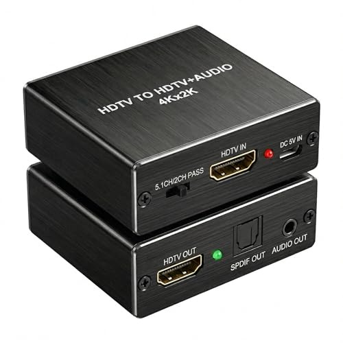 VertexOval Extracteur Audio HDMI 4K Convertisseur vers Optique Spdif Toslink + Jack 3.5mm Stéréo, Adaptateur Splitter Audio Vidéo Séparateur de Son (3 Modes: Pass/2CH/5.1CH) pour PS5/PS4/Fire TV/Ampli