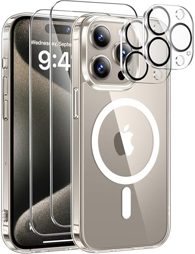 ivencase for iPhone 15 Pro Case with 2 Pack Screen Protector and 2 Pack Camera Lens Protector, Compatible with MagSafe, Shockproof Protective Clear Back Phone Case for iPhone 15 Pro 6.1 -Clear