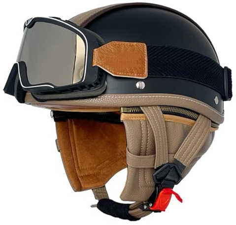 Moto Vintage Cuir Casques Jet avec Lunettes Casques Bols Casque Mobylette Homologué DOTECE Rétro Demi Casque Moto Vélo Scooter Chopper pour Adultes Homme Et Femme 11,M:57-58CM